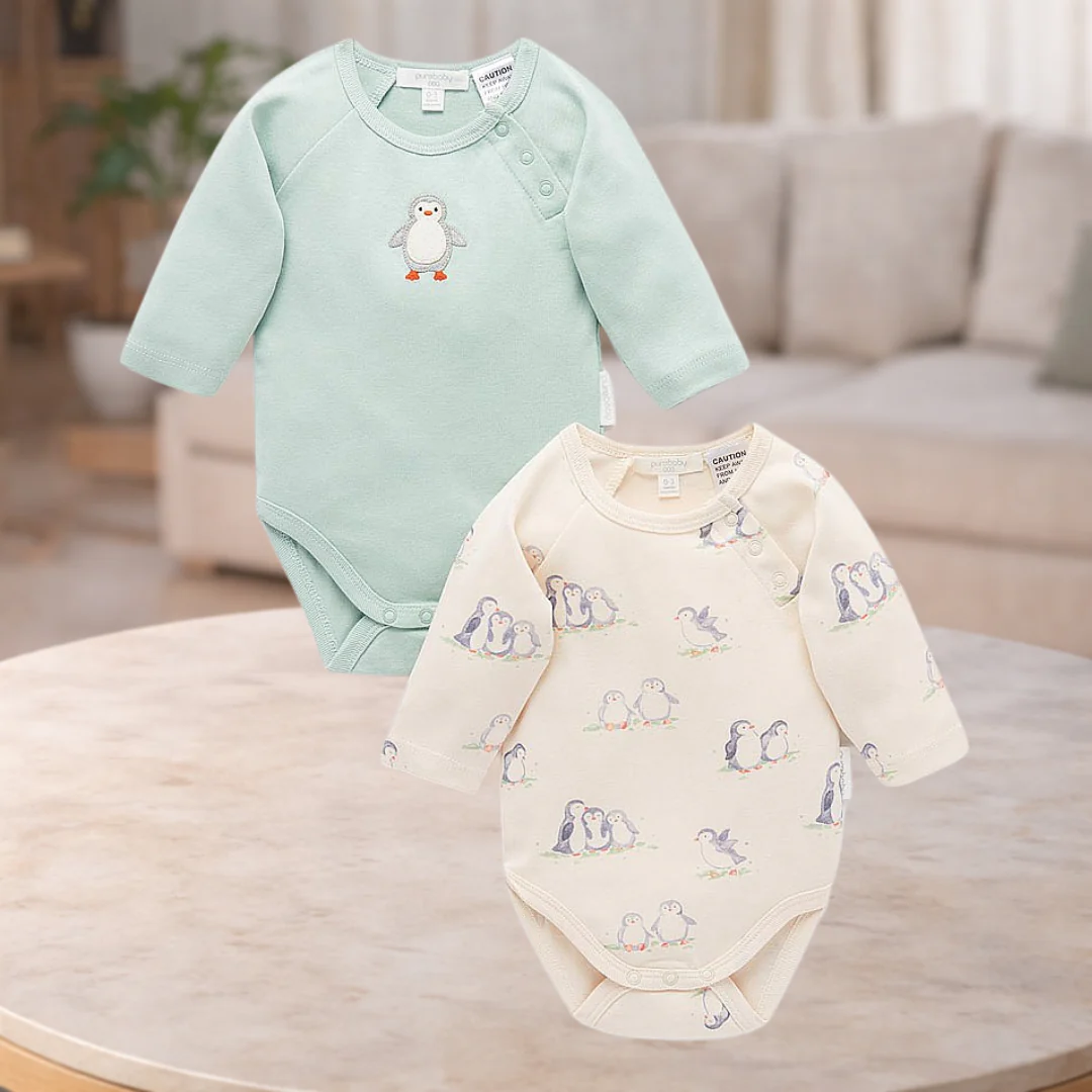 2pk Pure Baby Penguin Print Growsuit