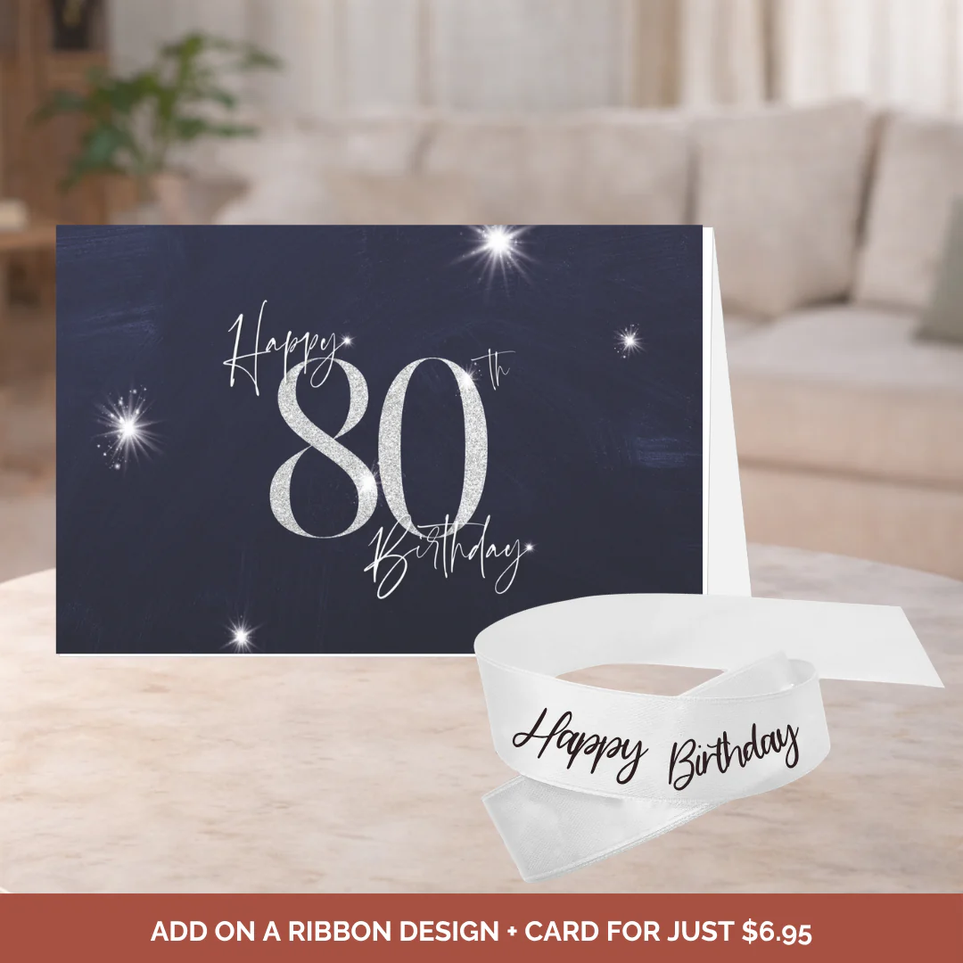 Birthday Bouquet Ribbon + 80th B'Day Card Bundle