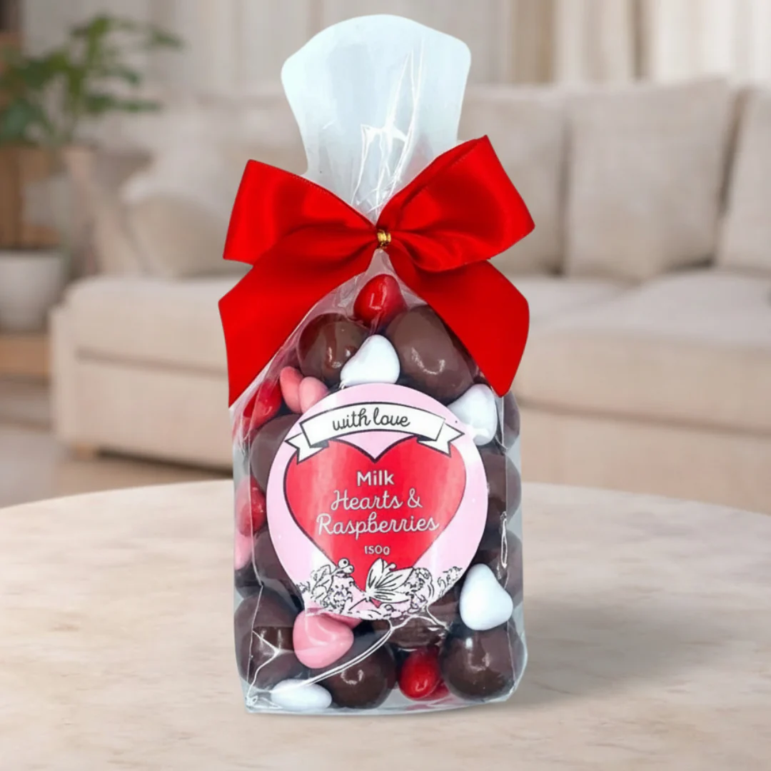 Chocamama Raspberry & Heart Ribbon Bag 150g