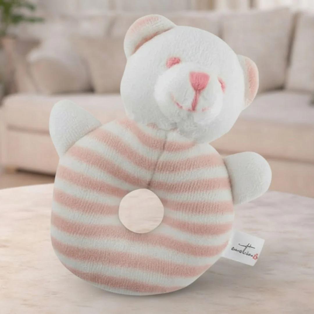 Emotion & Kids White and Pink Stripe Bear Rattle