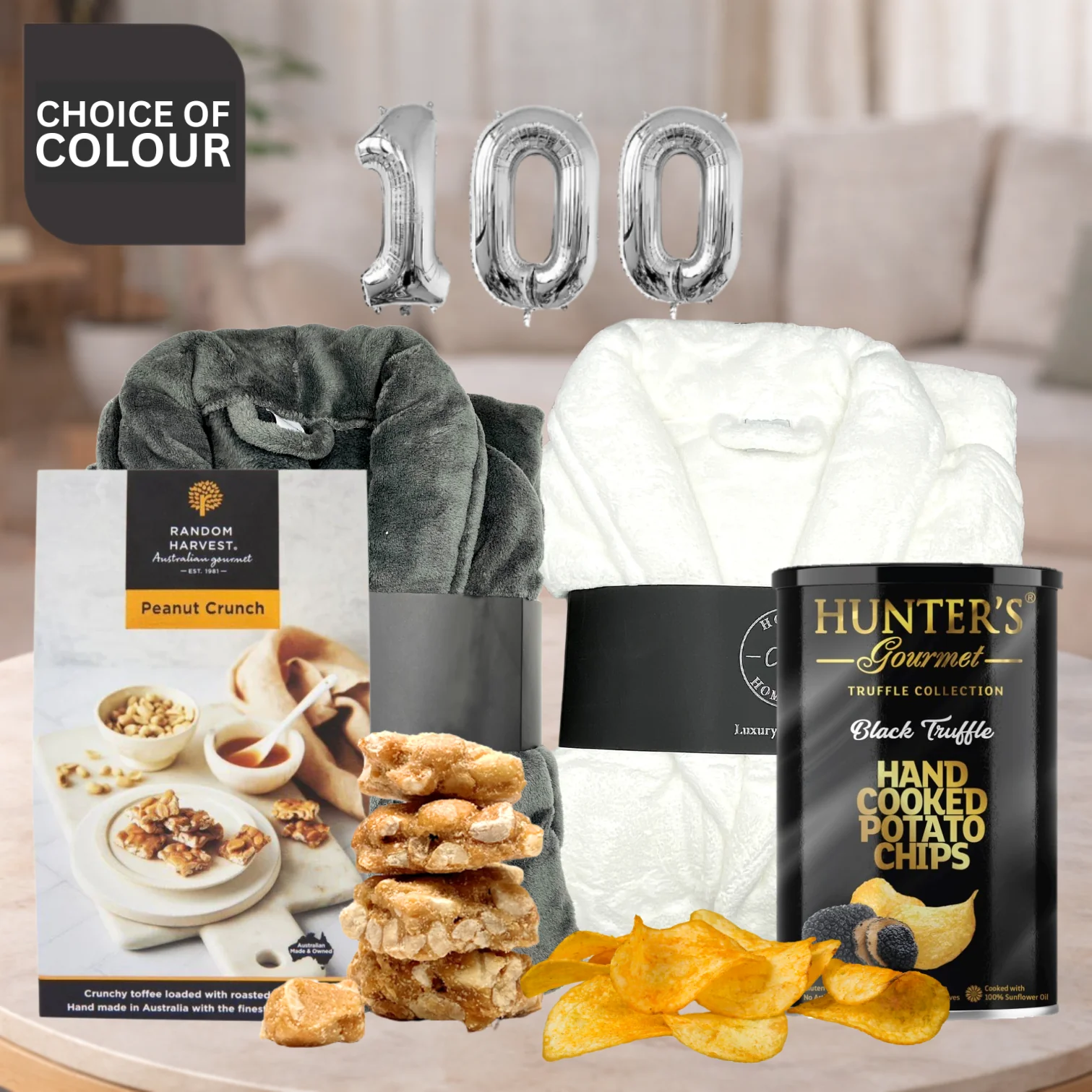 Happy 100th Plush Bathrobe & Snacks Hamper