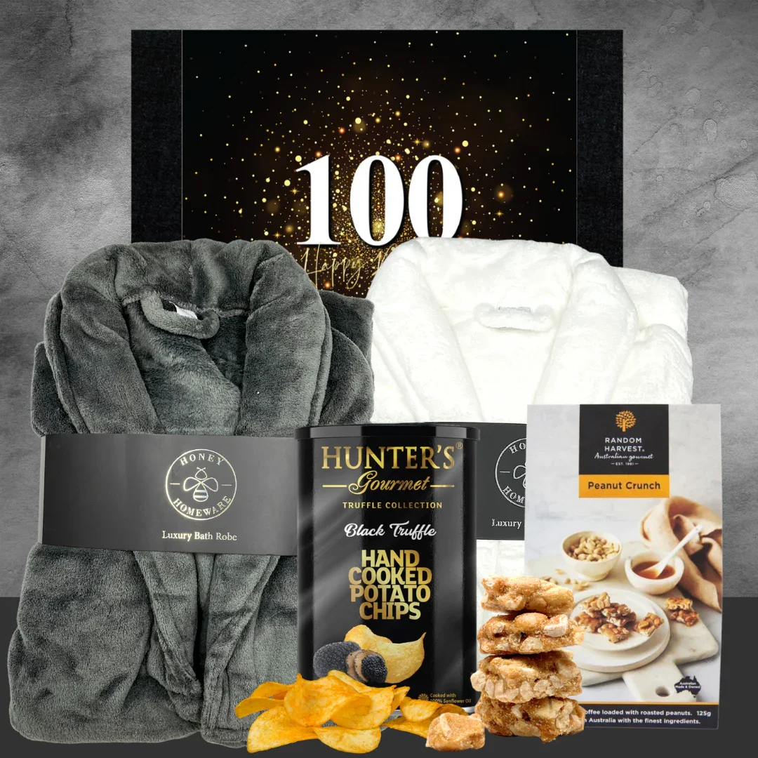 Happy 100th Plush Bathrobe & Snacks Hamper - Image 2