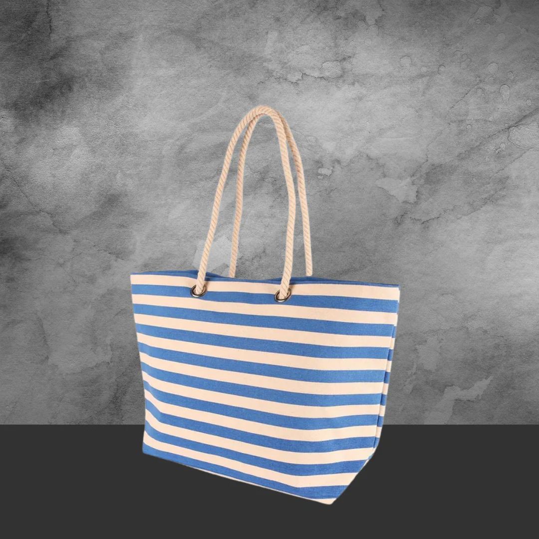 Large Striped Canvas Tote Beach Bag Blue  - 55cm x 36cm - Image 2