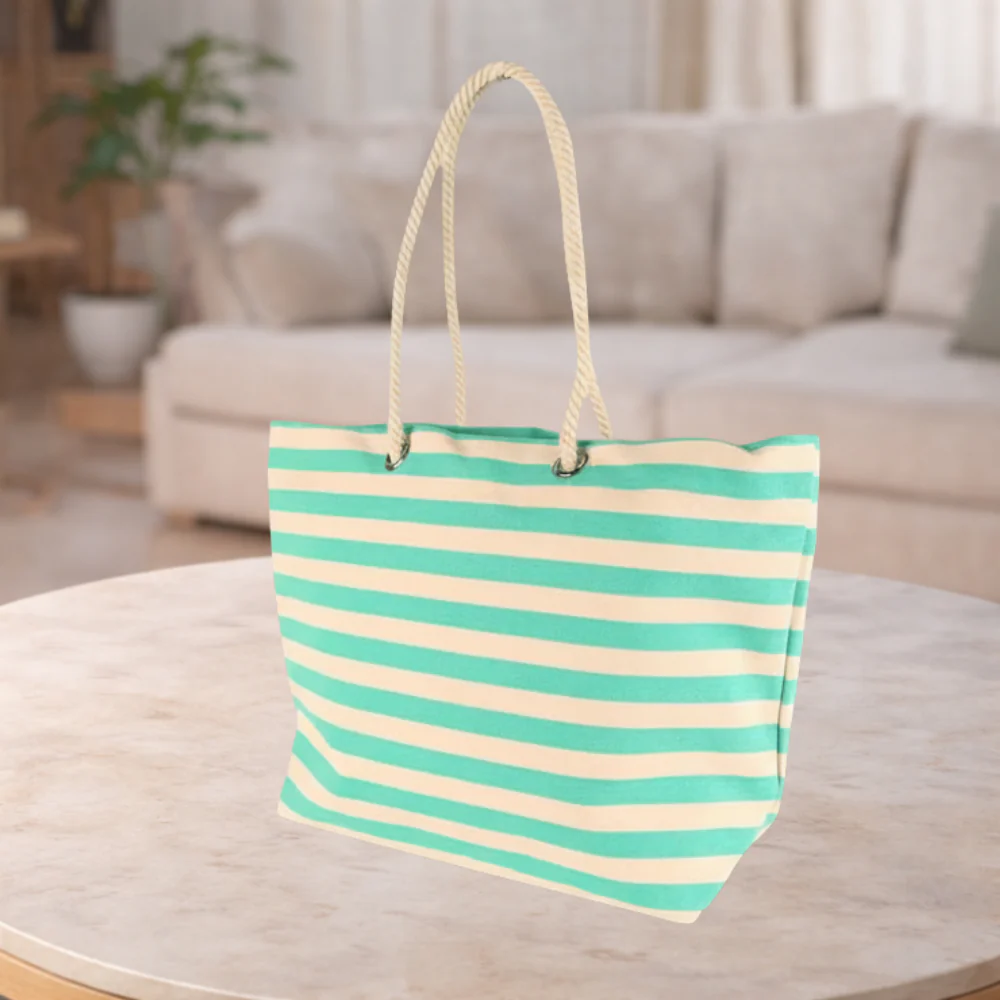 Large Striped Canvas Tote Beach Bag Green- 55cm x 36cm