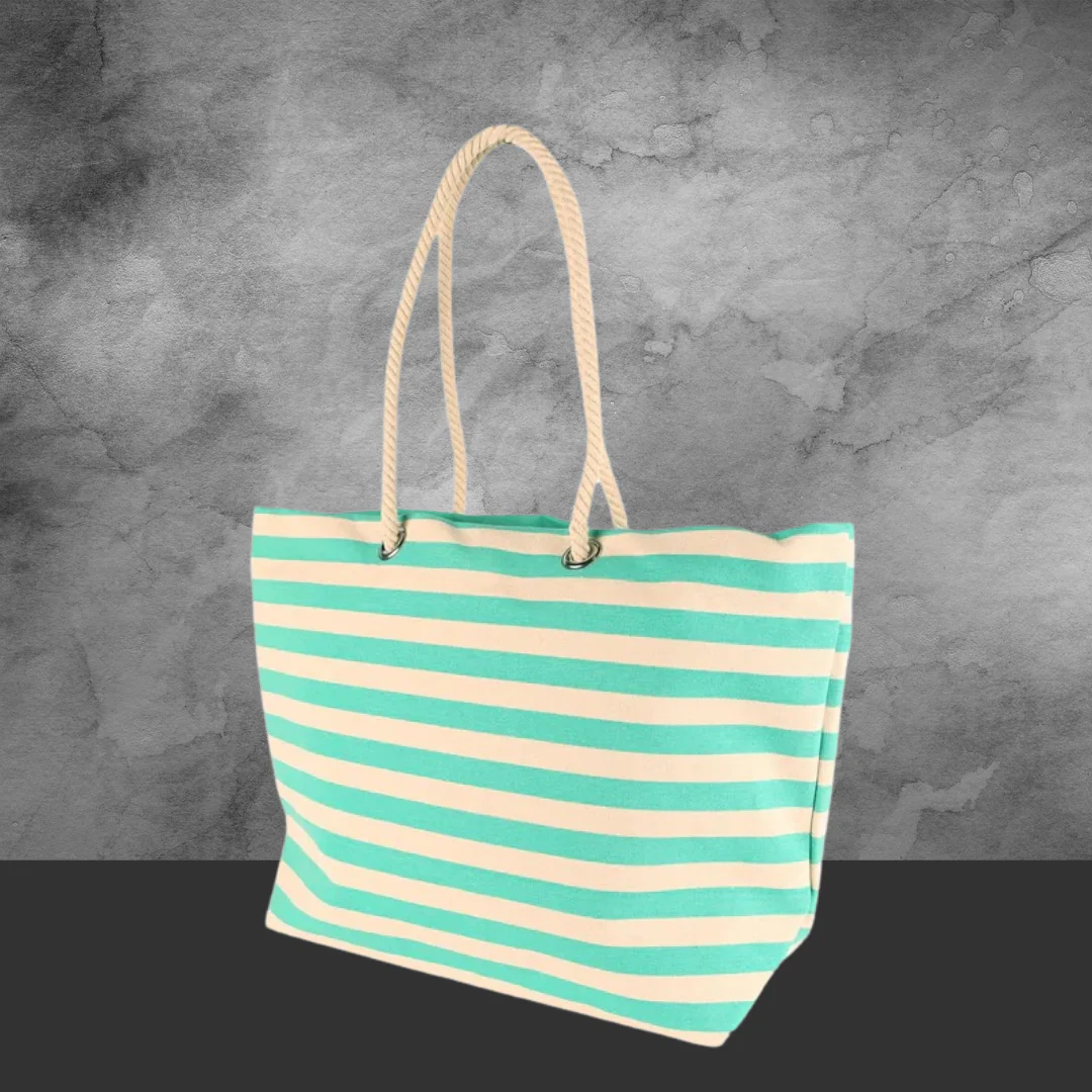 Large Striped Canvas Tote Beach Bag Green- 55cm x 36cm - Image 2