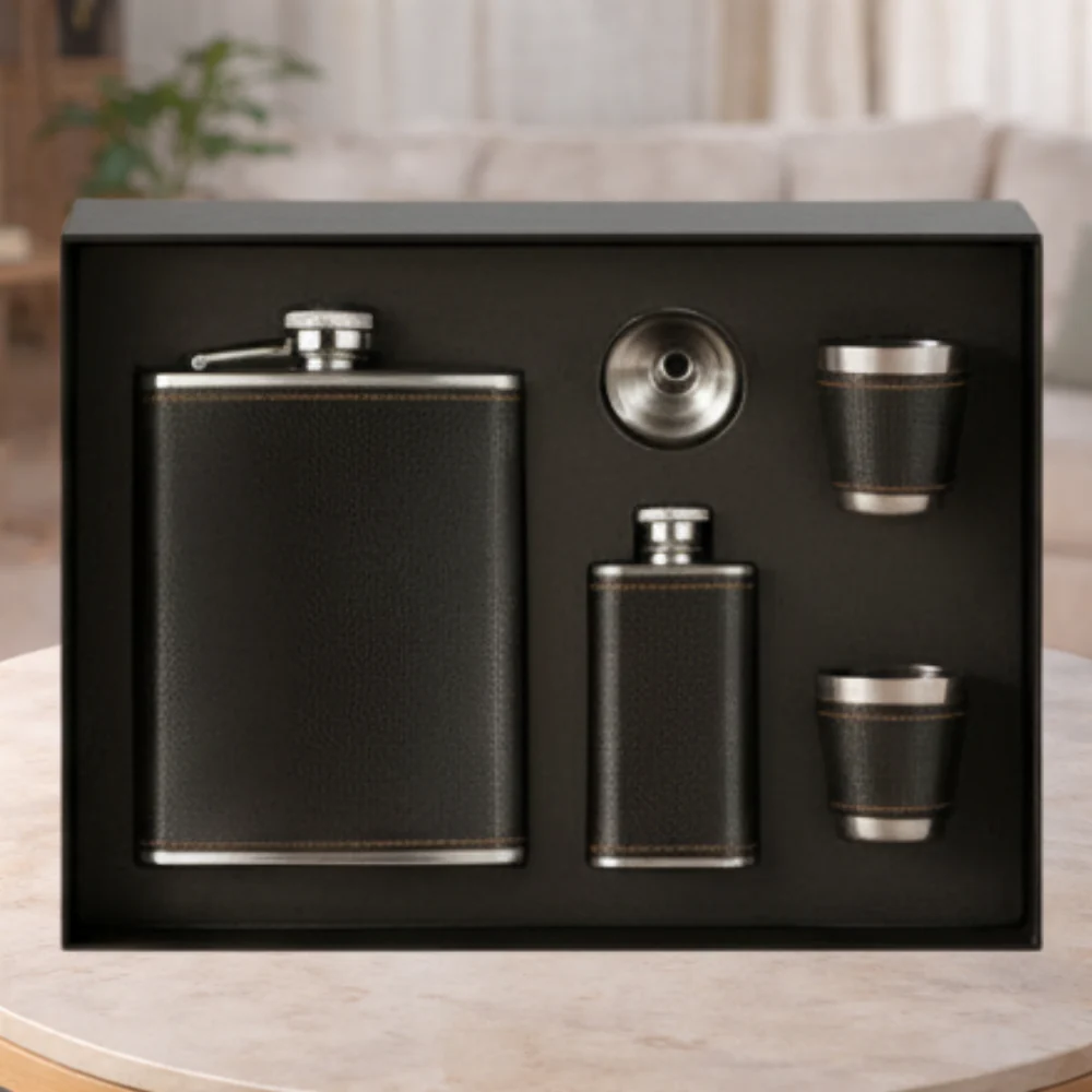 Portable Pocket Hip Flask Brown Set
