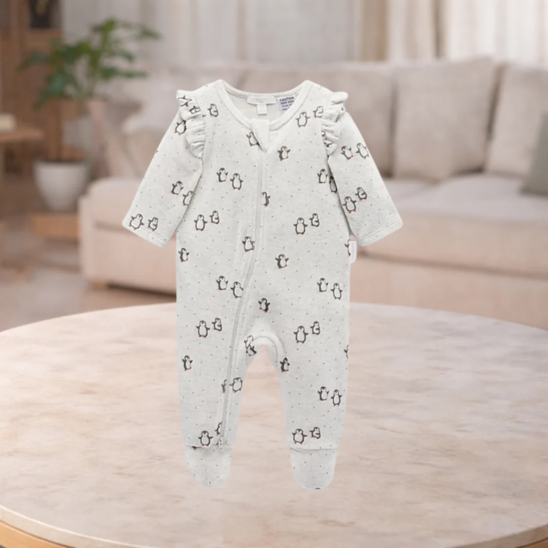 Pure Baby Frill Velour Penguin Growsuit
