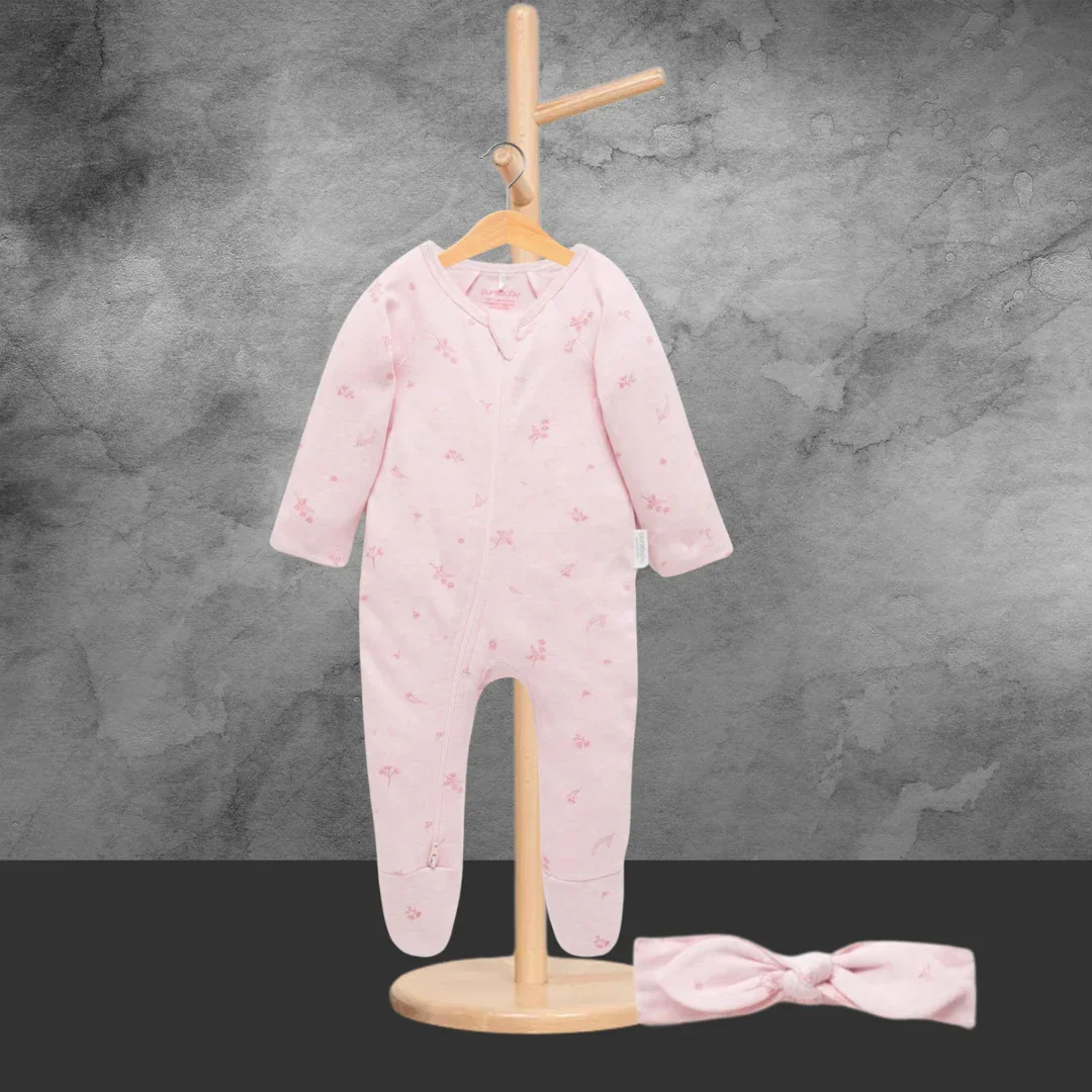 Pure Baby Zip Growsuit And Headband Set Pale Pink Blossom (Sizes 00 or 000) - Image 2