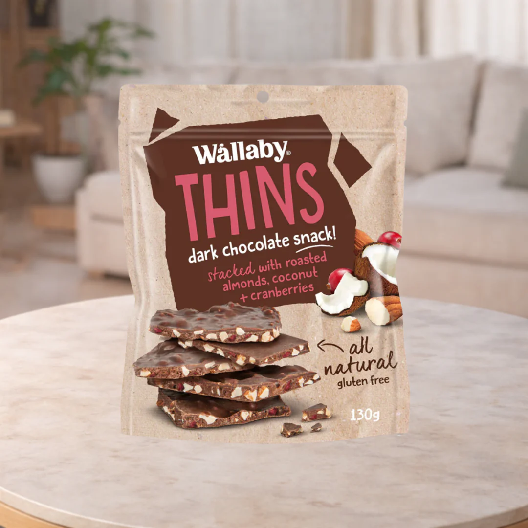 Wallaby Thins Almond Coconut Cranberry Dark Chocolate 130g