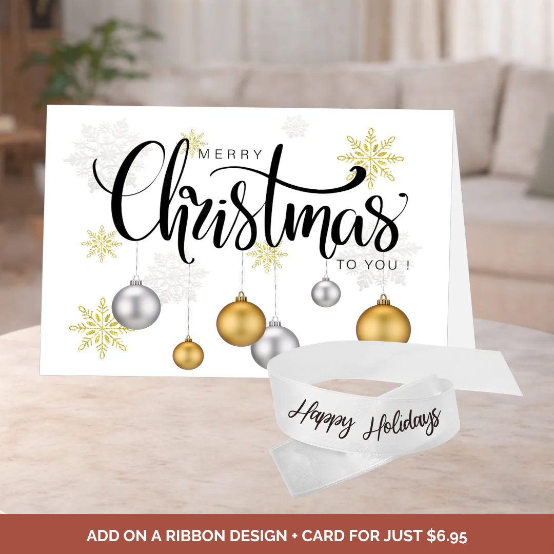 White Happy Holidays Ribbon + Christmas Card Bundle
